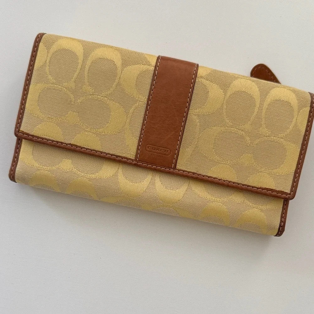 Coach Pale Yellow/Gold and Brown Logo Fabric & Leather Women's Wallet - Picture 15 of 16
